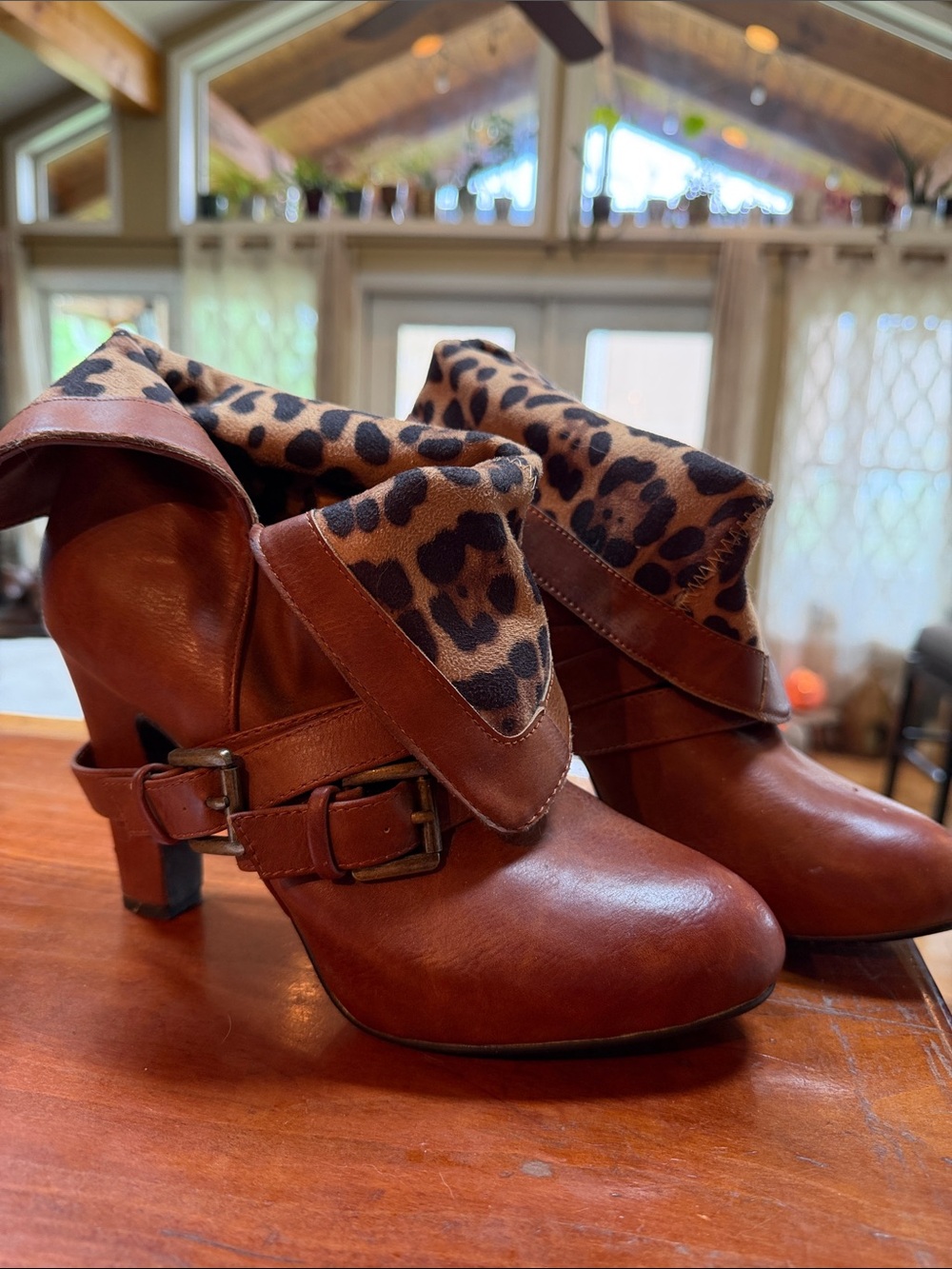 Mojo Moxy Brown Leather Fold-Over Ankle Boots with Leopard Cuff